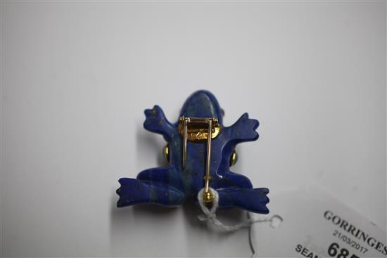A Seaman Schepps 18ct gold mounted gem set lapis lazuli frog brooch, 1.75in.
